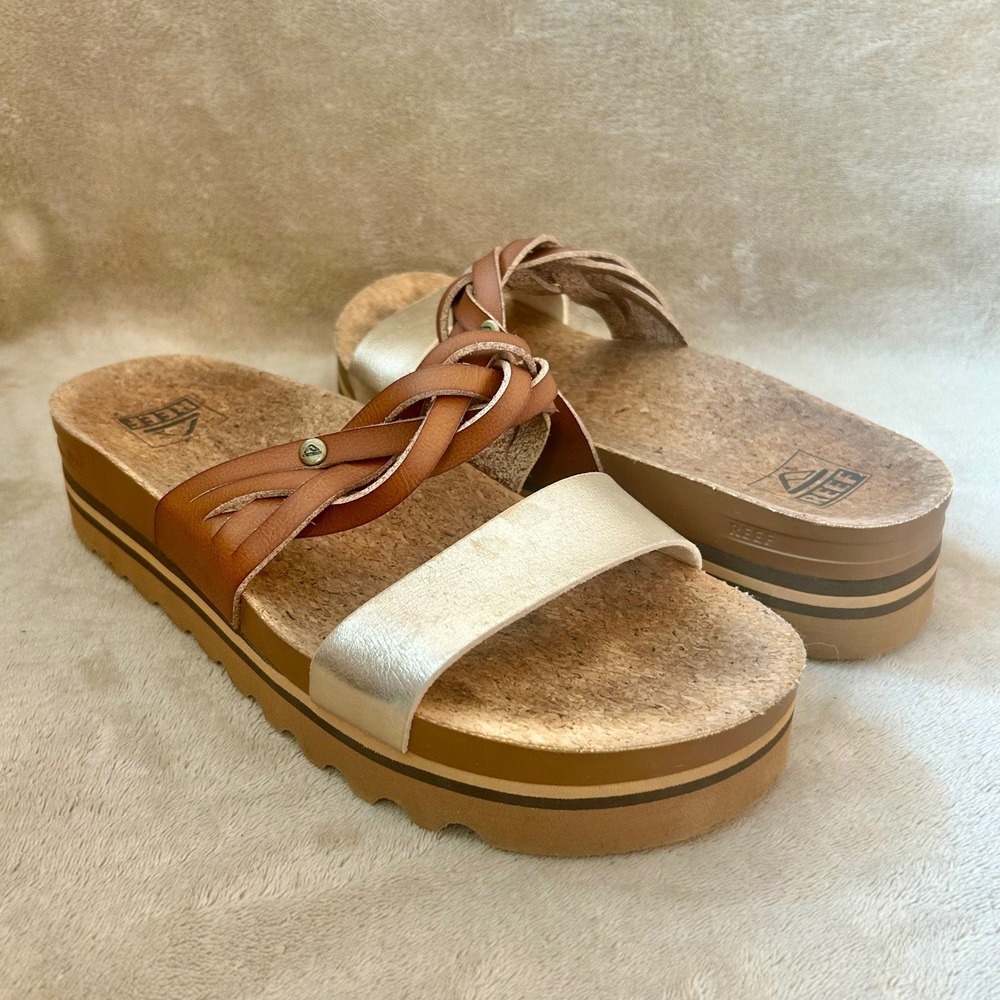 Reef Womens 7 Cushion Vista Hi Twist Slide Sandal Brown Gold 1.75" Platform Cork